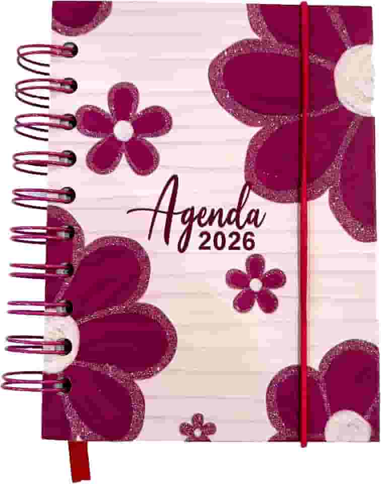 Agenda 2026 Capa Dura Espiral, Estampa Flores Variadas Coloridas, 168 folhas, Com Elástico e Marcador de Página. 14X10 cm. (Roxo-magenta)