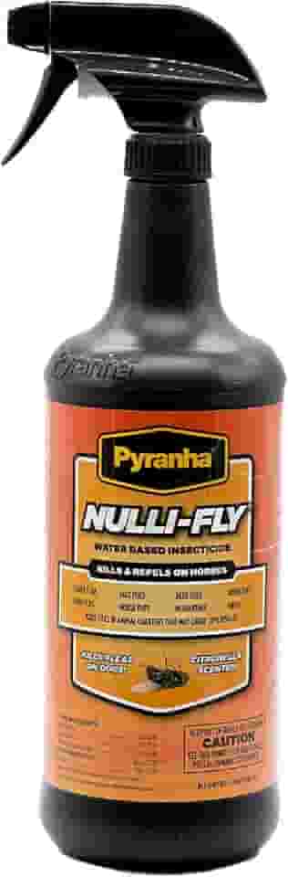 Pyranha Spray para moscas de cavalo Nulli-Fly – Fórmula à base de água para pele sensível, mata e repele moscas, mosquitos, piolhos, carrapatos, pronto para usar, aroma de citronela