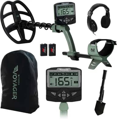 Minelab X-Terra Voyager Detector de metais adulto com bobina à prova d'água, 4 modos de detecção, ID de alvo transparente, visor retroiluminado (kit completo com fones de ouvido, mochila, pá profunda)