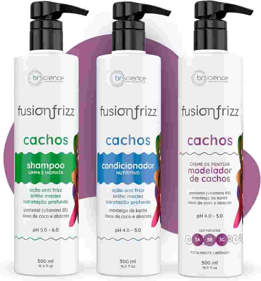 Kit Shampoo, Condicionador e Creme de Pentear Modelador de Cachos Brscience FusionFrizz – Limpeza, Hidratação e Definição Intensa para Cabelos Cacheados 3A, 3B e 3C – 3x500ml