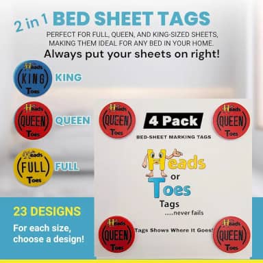 Etiquetas de marcação de lençol 2 em 1 - King, Queen ou casal. Para cada tamanho, escolha um design. Além de identificação rápida para colocar seus lençóis de cama na direita, ótimas ideias de