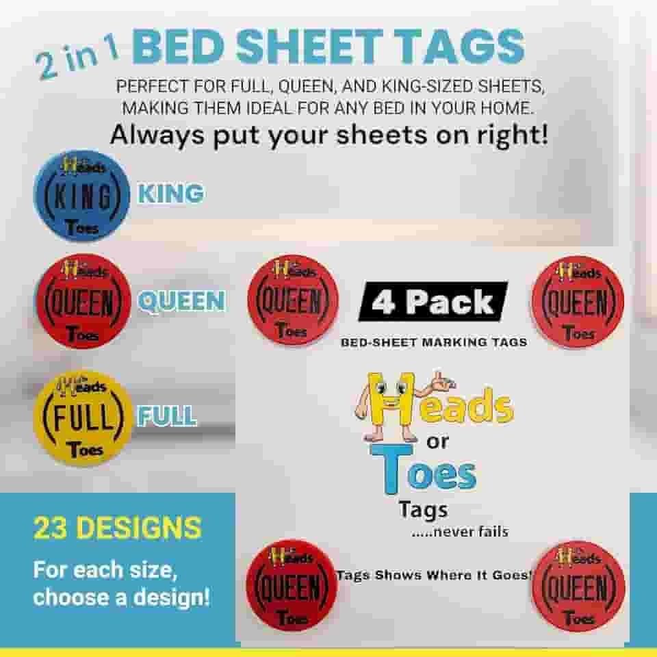 Etiquetas de marcação de lençol 2 em 1 - King, Queen ou casal. Para cada tamanho, escolha um design. Além de identificação rápida para colocar seus lençóis de cama na direita, ótimas ideias de
