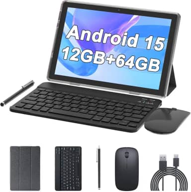 Tablet de 10 polegadas Android 15 (não vai), tablets 2 em 1 com teclado 12 GB de RAM + 64 GB de ROM (suporta expansão de 1 TB) Tableta 2 MP + câmera de 8 MP 6000 mAh, mouse/capa/Stylus 5G Wifi-6