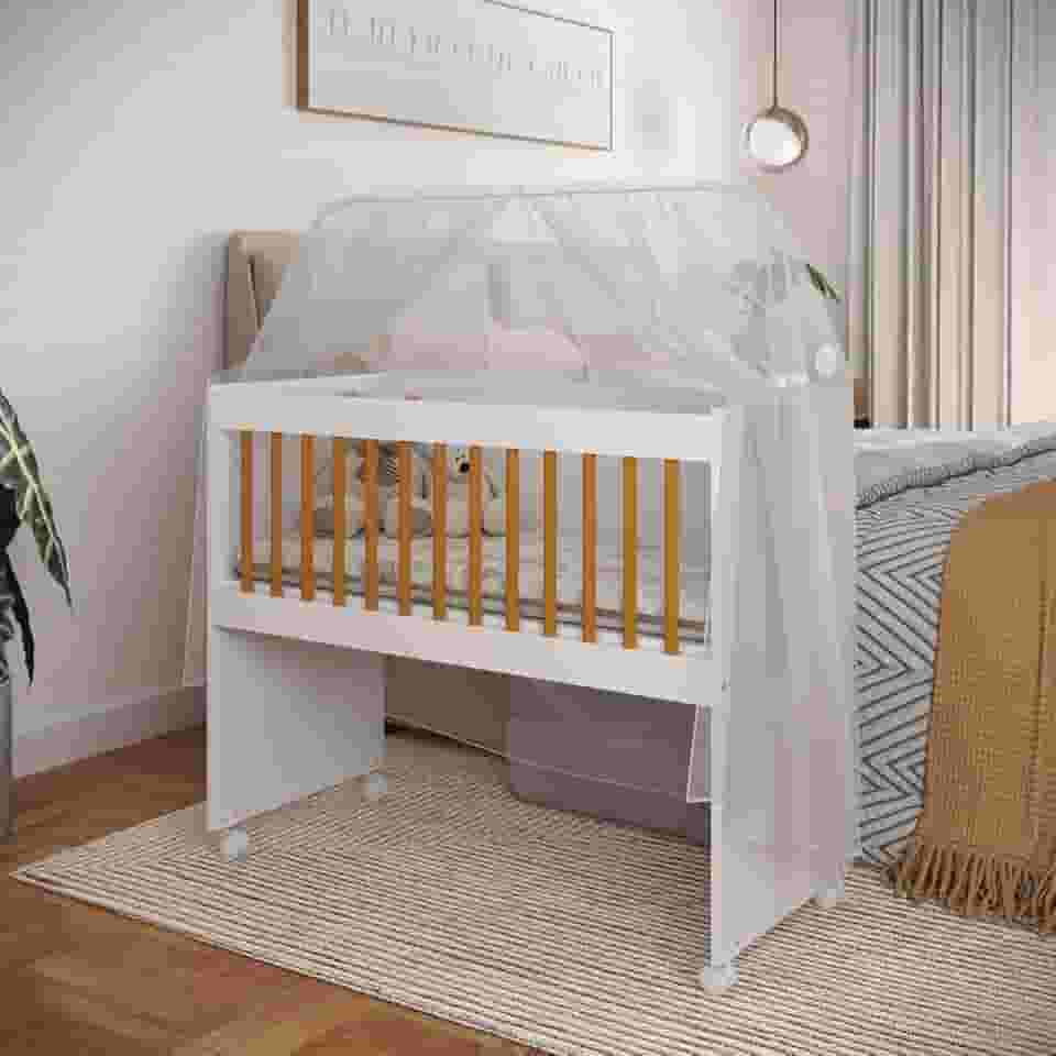 Mini Berço Com Colchão E Suporte Para Mosquiteiro Multifuncional 5x1 Rodízios Chiqueirinho (Branco E Marrom)