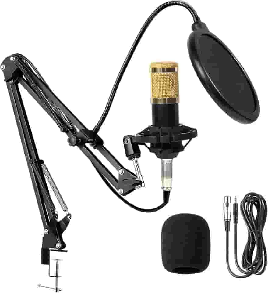 Microfone Condensador, Kit Microfone Condensador com Braço Articulado e Pop Filter para Transmissão Ao Vivo, Podcast, Gravação de Audio