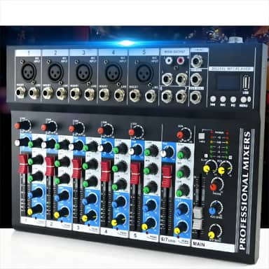 VEDO Mixer de Áudio Profissional 7 Canais VDA107L com Bluetooth, Entrada USB, Efeitos Digitais, Phantom Power +48V para Podcast, DJ, Gravação e Transmissão Ao Vivo - Mesa de Som Compacta 127/220V