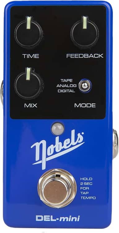 No-bels DEL-mini Digital DELAY Efeito de guitarra, alimentação 9 Volts DC -Suporte estéreo mono, Botão luminoso -Tap Tempo Características -3 modos de atraso fita analógico digital Nobe-ls