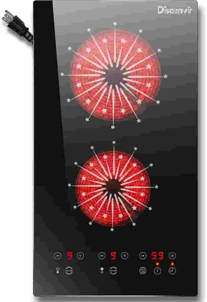 Disaenvir Fogão elétrico de 2 bocas - Fogão elétrico de 30 cm embutido e bancada 2000W, 120 V, portátil, dois queimadores, sensor elétrico radiante, controle de toque, temporizador, trava de segurança