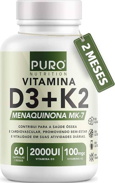 Vitamina D3 + K2 Puro Nutrition 2000 iu D3 com 100mcg de Vitamina K2 MK-7, 60 Cápsulas