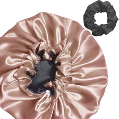 Touca de Cetim Duplo Tecido Com Ajuste Ajustavel Para Cabelo AntiFrizz Conforto Para Dormim Hidratado Toca Color + Xuxinha de Cetim Frufu Rabico (Rosa Blush)