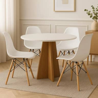 Conjunto Mesa Madeira Redonda Branca 90cm + 4 Cadeiras Charles Eames Eiffel Pés Madeira Sala Jantar Cozinha Moderna (Cadeiras Brancas)