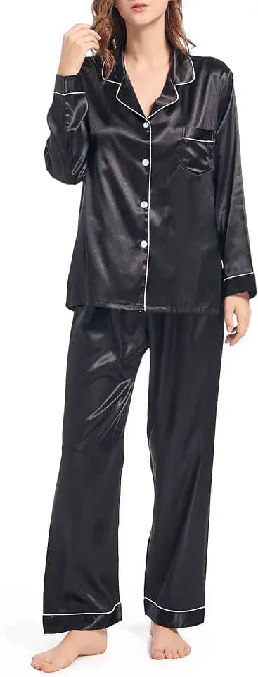 Pijama feminino de cetim de seda manga comprida conjunto de pijama de duas peças roupa de dormir de botões de seda conjuntos de roupa de dormir macia, P-GGG