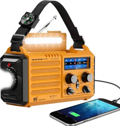 Rádio de emergência com alerta meteorológico NOAA – manivela solar de 5000 mAh portátil AM/FM rádio de ondas curtas, bateria recarregável, carregador USB, lanterna, alarme SOS para