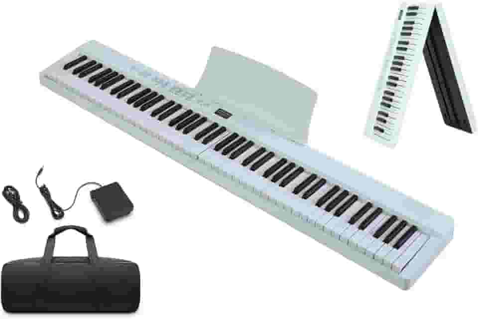 VEDO Piano Digital Dobrável 88 Teclas Semi-Pesadas com Pedal de Sustenção e Bolsa, Teclado Portátil Full Size para Iniciantes, Adultos e Crianças, Alto-Falantes Embutidos, Conexão APP, Ideal (Branco)
