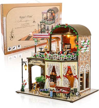 DIY Café - Conjunto de Mobiliário de Madeira em Miniatura com Kit de Iluminação, Para Crianças com Mais de 14 Anos e Adultos