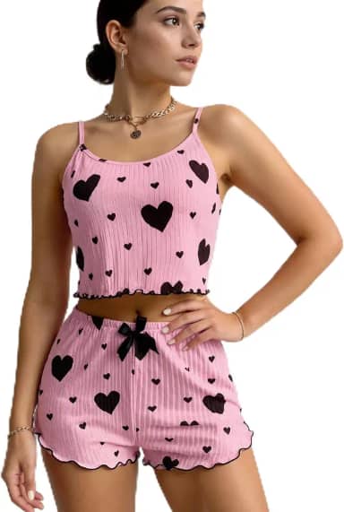 Conjunto de pijama feminino, conjunto de pijama fofo, cropped e short com nervuras, conjunto de 2 peças