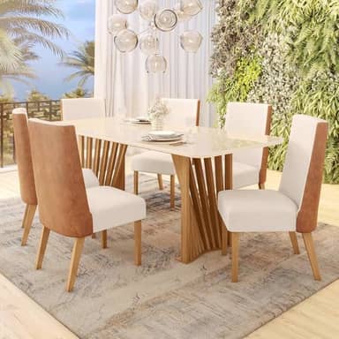 Conjunto Sala de Jantar Mesa Tampo MDF/Vidro com 6 Cadeiras Milena Nature/Off White/Linho