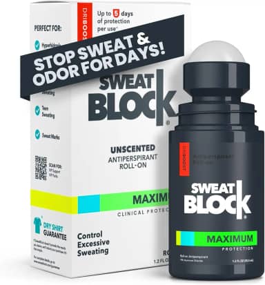 SweatBlock Max Clinical Antiperspirant Roll-On - para Sudorese Excessiva e Hiperidrose - Proteção/Uso Até 7 Dias - Unissex, Sem Perfume - 1,2 Fl Oz