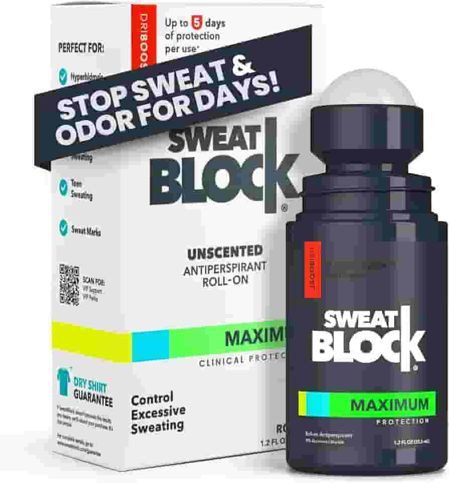 SweatBlock Max Clinical Antiperspirant Roll-On - para Sudorese Excessiva e Hiperidrose - Proteção/Uso Até 7 Dias - Unissex, Sem Perfume - 1,2 Fl Oz