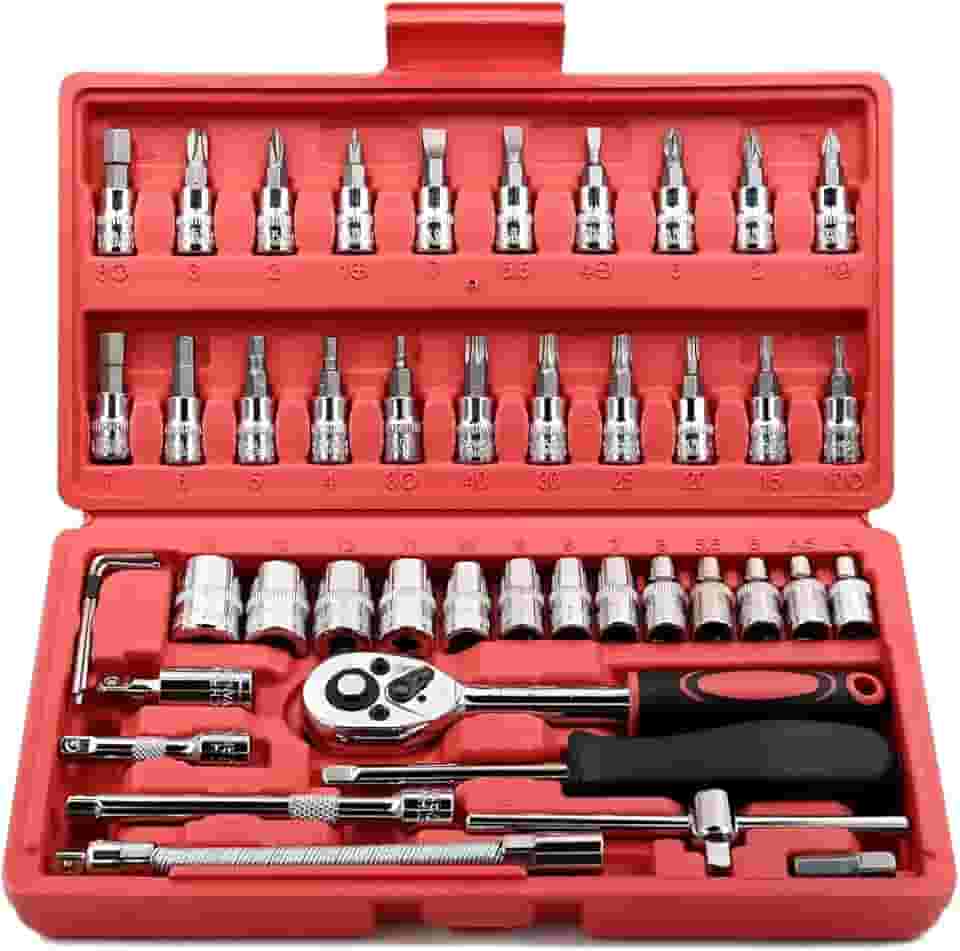Kit Ferramentas 46 Peças com Catraca, Soquetes Allen Torx 1/4" e Extensão – Maleta Compacta Completa para Uso Profissional Automotivo e Doméstico