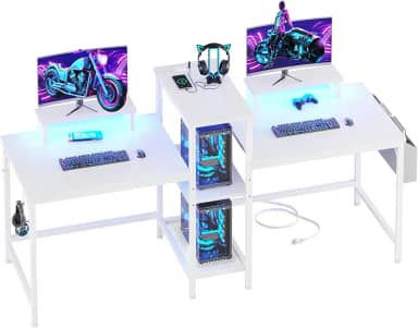 Furologee Mesa de jogos para 2 pessoas com luzes LED, mesa de computador de 188 cm com tomadas elétricas e suporte para monitor, mesa dupla com bolsa de armazenamento e ganchos de fone de ouvido, mesa