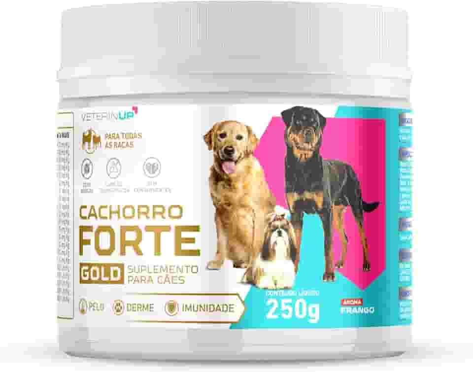 Suplemento Cachorro Forte Gold 250G | 4 em 1 | Deixa Pelos Saudáveis, Energia, Suporte Articular e Digestão Canina | Rico em Ômega 3, Condroitina e Glucosamina | Indicado por Veterinários | VeterinUp