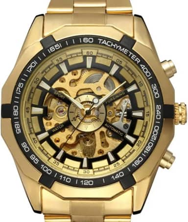 Relógio de Homem Relógio mecânico automático masculino estilo oco com pulseira de aço inoxidável (dourado + preto)