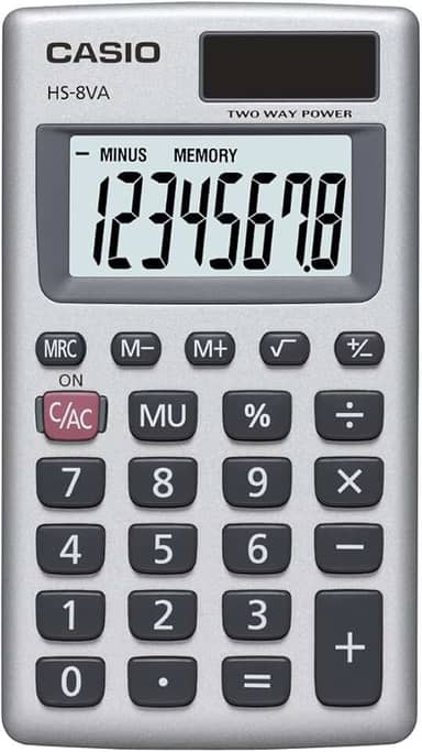Calculadora básica Casio HS-8VA, alimentada por energia solar