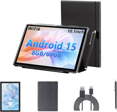 YQSAVIOR Tablet Android 15 com teclado, tablets de 10 polegadas com capa, expansão de 8 GB + 64 GB/1 TB, 2,4 G + 5 G + Wi-Fi 6, 6000 mAh, BT, GMS, jogos, câmera de 8 MP (preto)