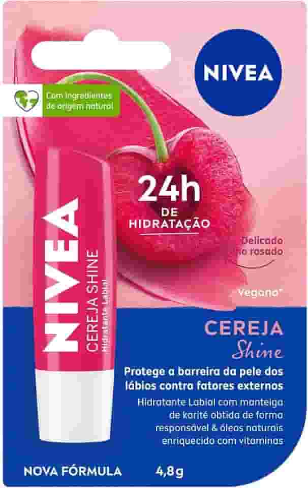 NIVEA Hidratante Labial Cereja Shine 4,8g - Cuidado e proteção para seus lábios por 24h, além de delicioso aroma de cereja e delicado brilho rosa