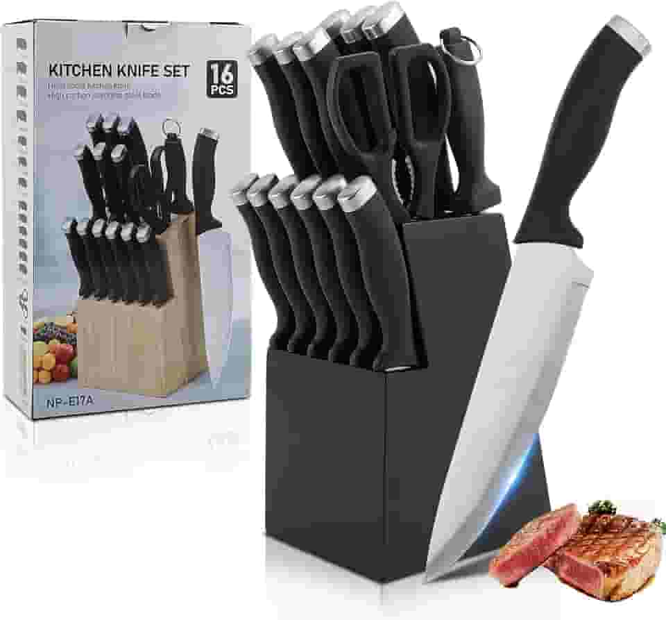 ANTUVI Conjunto de 15 Facas de Cozinha com Afiador Embutido, Facas de Aço Inoxidável com Alta Carbono e Base, Preto