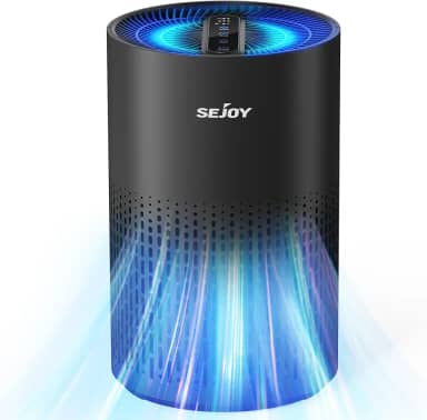 Sejoy Purificadores de ar para quarto, purificador de ar HEPA para poeira, pólen, fumaça, filtro de ar com 4 velocidades, modo de sono silencioso e luz noturna de 7 cores, KJ100F, preto