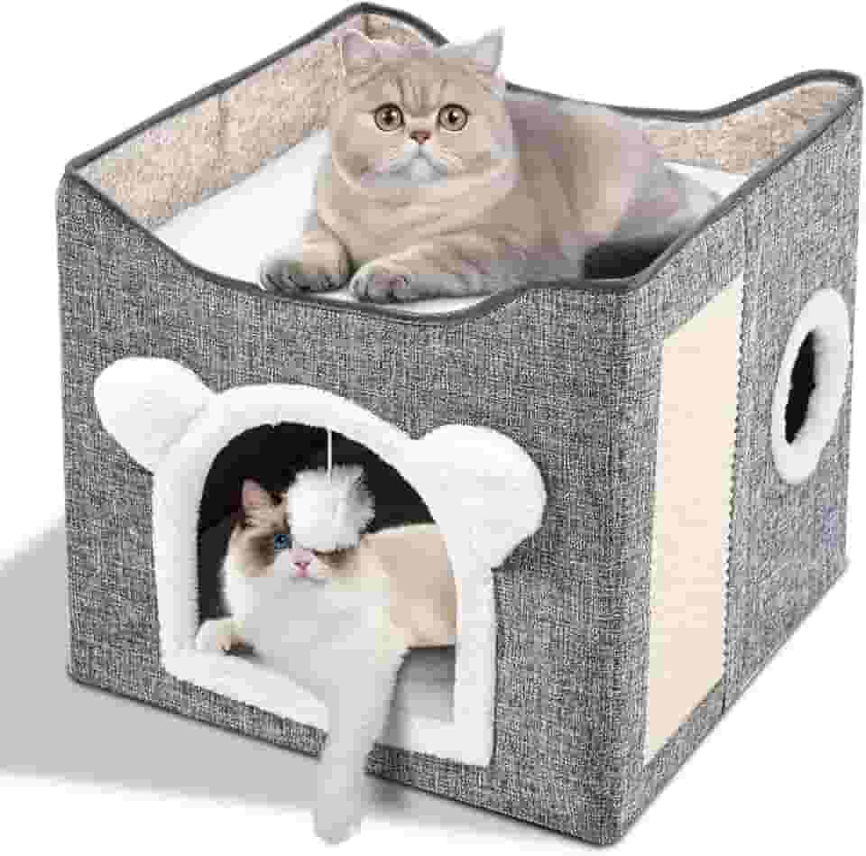 Netpeato Cama para Gatos com 2 Andares Dobrável, 39 * 39 * 38cm, Cinza e Branco, Sisal Natural, Nylon, Linho, Toca para Gatos, Casa de Gato