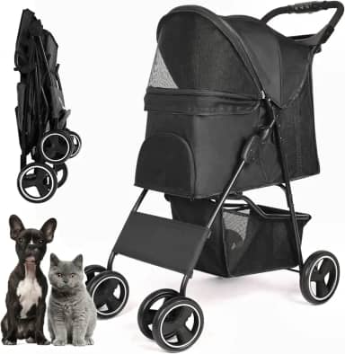 Carrinho de bebê para cães de estimação, quatro rodas com cesta de armazenamento, alça de roda dianteira de 360° com freio para cães pequenos, médios, gatos, viagem, carrinho dobrável (preto)