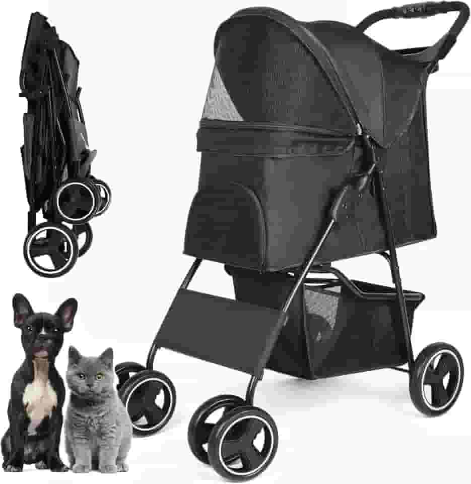 Carrinho de bebê para cães de estimação, quatro rodas com cesta de armazenamento, alça de roda dianteira de 360° com freio para cães pequenos, médios, gatos, viagem, carrinho dobrável (preto)