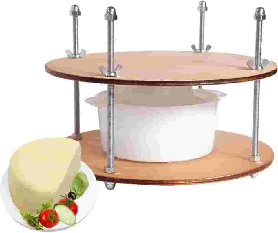 Prensa de queijo de madeira com diâmetro de 28,4 cm e 1 forma de fabricação de queijos de 1,275 g. Pressão de até 22,7 kg incolor