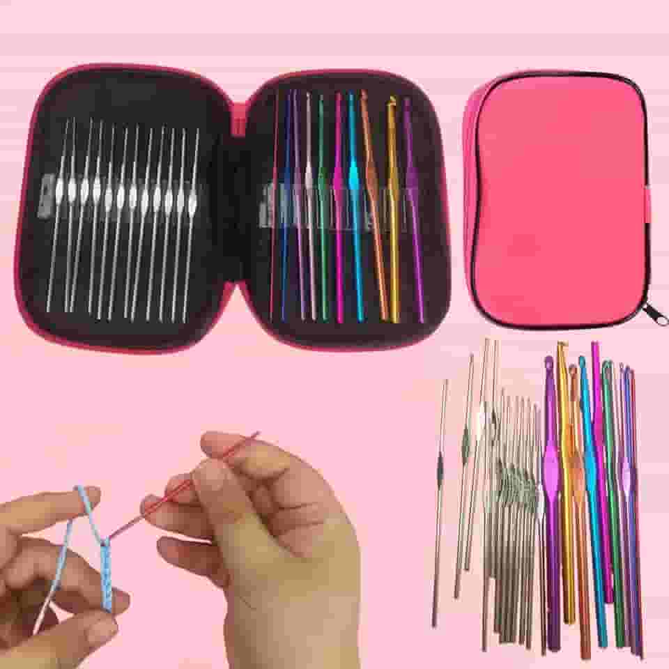 Conjunto de 23 agulhas de crochê ergonômicas, alças de alumínio, pontas de aço, acessórios de crochê com estojo de armazenamento (rosa)