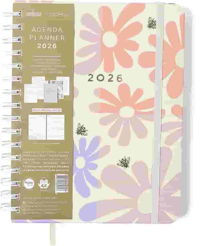 AGENDA PLANNER WIRE-O 2026 MELISSA SEMANAL NOTAS C/DIVISORIAS A5 BLOCK BLOOMY