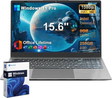 Laptop 2025 de 15,6 polegadas FHD, Windows 11 Pro com MS Office para estudantes universitários e negócios, 8 GB de RAM, SSD de 256 GB, Intel Celeron dual-core (até 2,6 GHz), Wi-Fi, Bluetooth, USB 3.2