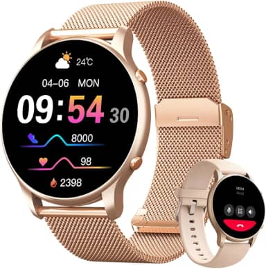 Smartwatch Feminino 1.32' Full Touch, IP68 à Prova d'Água, Ligações Bluetooth, 100+ Modos Esportivos, Notificações Inteligentes, Assistente de Voz, Compatível com iOS/Android, Inclui 2 Pulseiras, Ouro