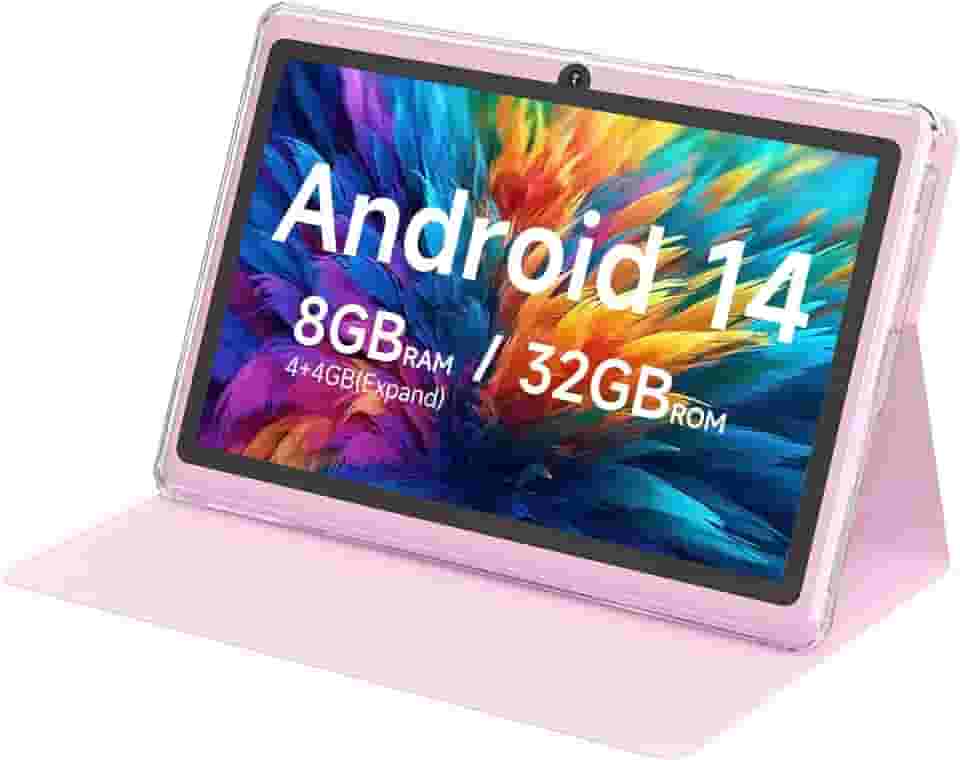 Tablet Android 14.0 de 7 polegadas com capa protetora, 8 GB (expansão de 4 + 4 GB) RAM + 32 GB de ROM, tela IPS, câmera dupla, aba WiFi Bluetooth 5.0 (rosa)