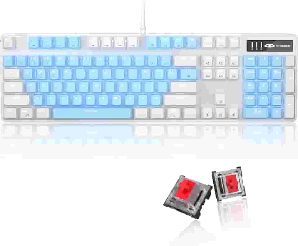 MageGee Teclado mecânico para jogos, 104 teclados mecânicos retroiluminados brancos com interruptores vermelhos e teclas duplas, teclado de computador ergonômico com fio para desktop, jogadores de PC