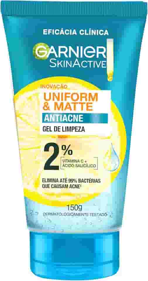 Garnier Uniform & Matte, Gel de Limpeza Facial com Ácido Salicílico e Vitamina C, Combate Cravos e Espinhas, Reduz a oleosidade e Controle da Pele Acneica, 150g