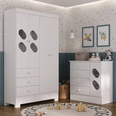 Quarto Infantil com Guarda Roupa e Cômoda Stella Branco