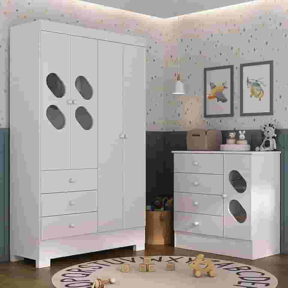 Quarto Infantil com Guarda Roupa e Cômoda Stella Branco