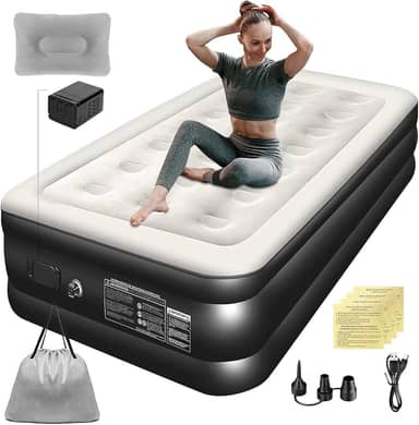 Colchão Inflável Solteiro 1,91*1M com Bomba de ar Elétrica Recarregável Embutida, Almofadas Infláveis, com Inflação e Deflação Rápidas e Automáticas, para Famílias e Camping (Preto e Branco)