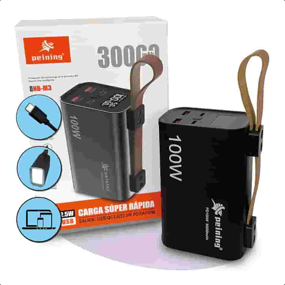 Power Bank 30000 mAh PD 100W Carregador Turbo Ultra Rápido Premium - Carregue notebook Smartphones Antena mini Starlink - Display - Luz LED - Multiplas portas: Entrada/Saída: 2 USB-C + Saída: 2 USB-A