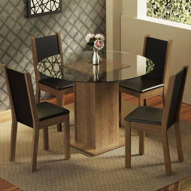 Conjunto Sala de Jantar Madesa Nanda Mesa Tampo de Vidro Redondo 4 Cadeiras - Rustic/preto