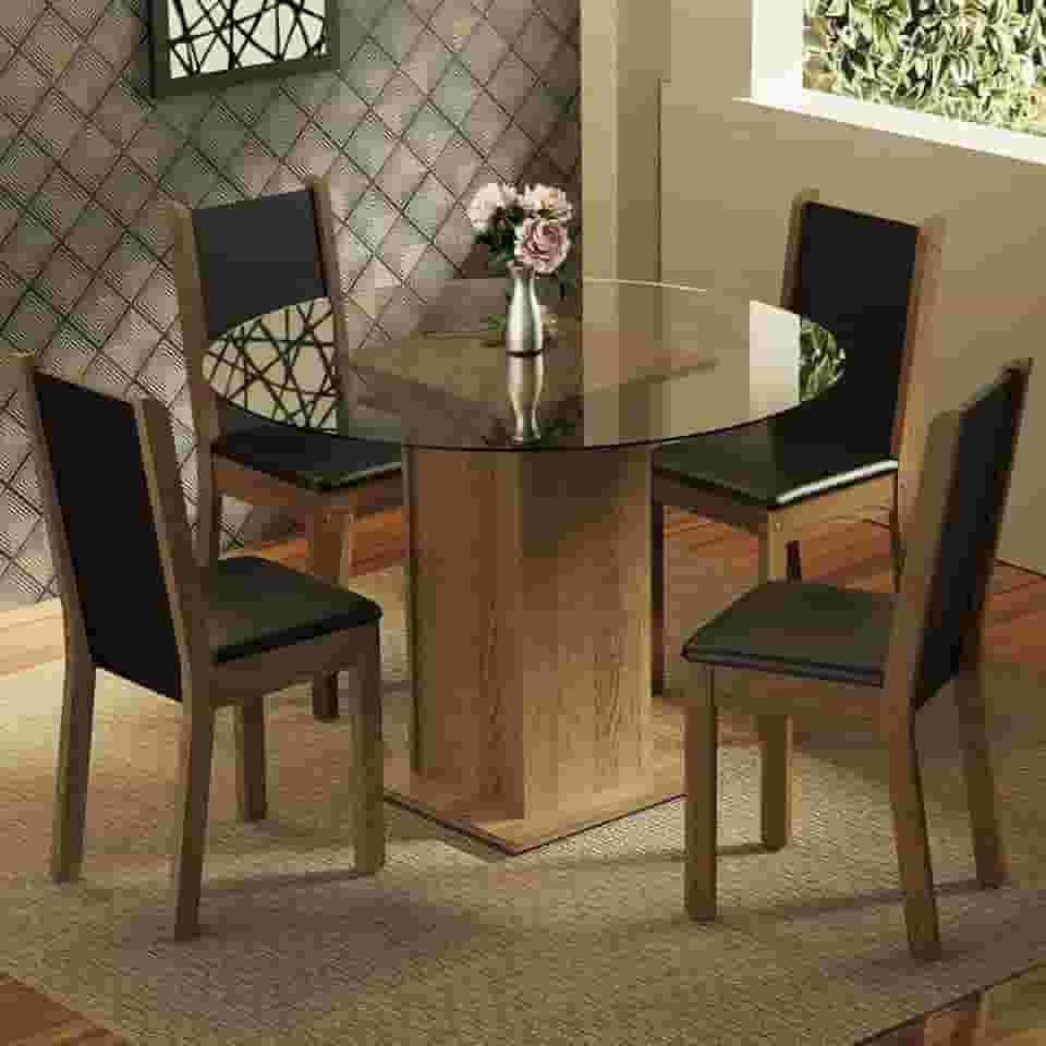 Conjunto Sala de Jantar Madesa Nanda Mesa Tampo de Vidro Redondo 4 Cadeiras - Rustic/preto