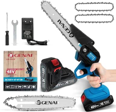 Mini Motosserra Elétrica à Bateria 48V Profissional Serra Motosserra com 2 Bateria Recarregável Lâmina Serra 6''e 8' para Poda de Árvores, Trabalhos em Jardins